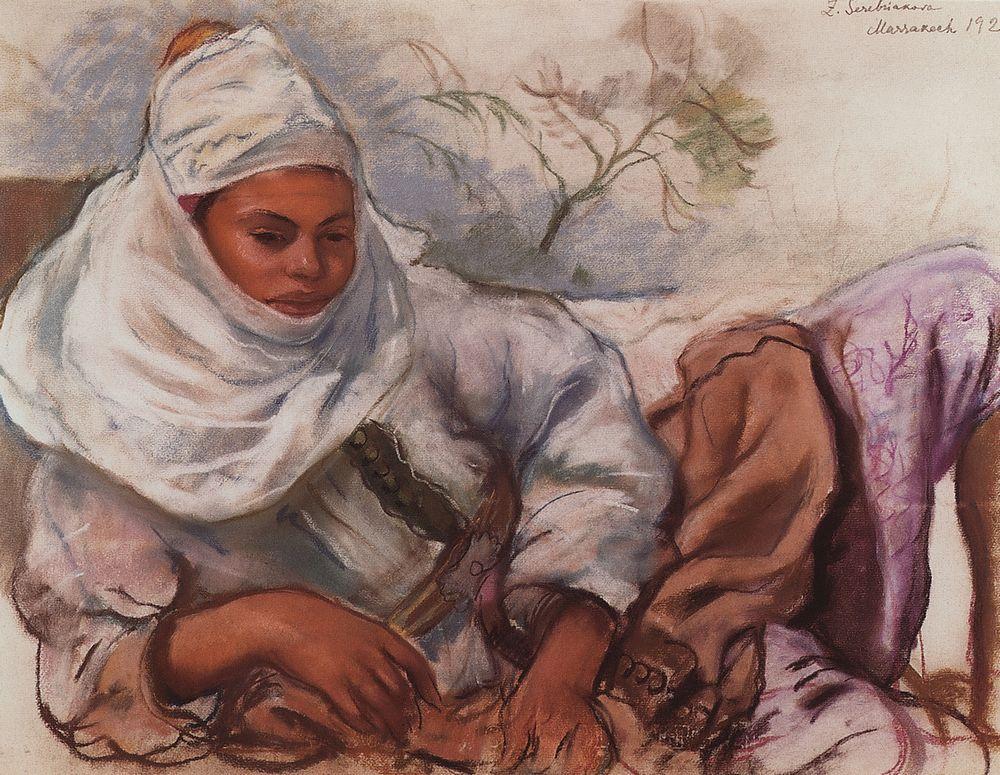 A young woman in a white headdress