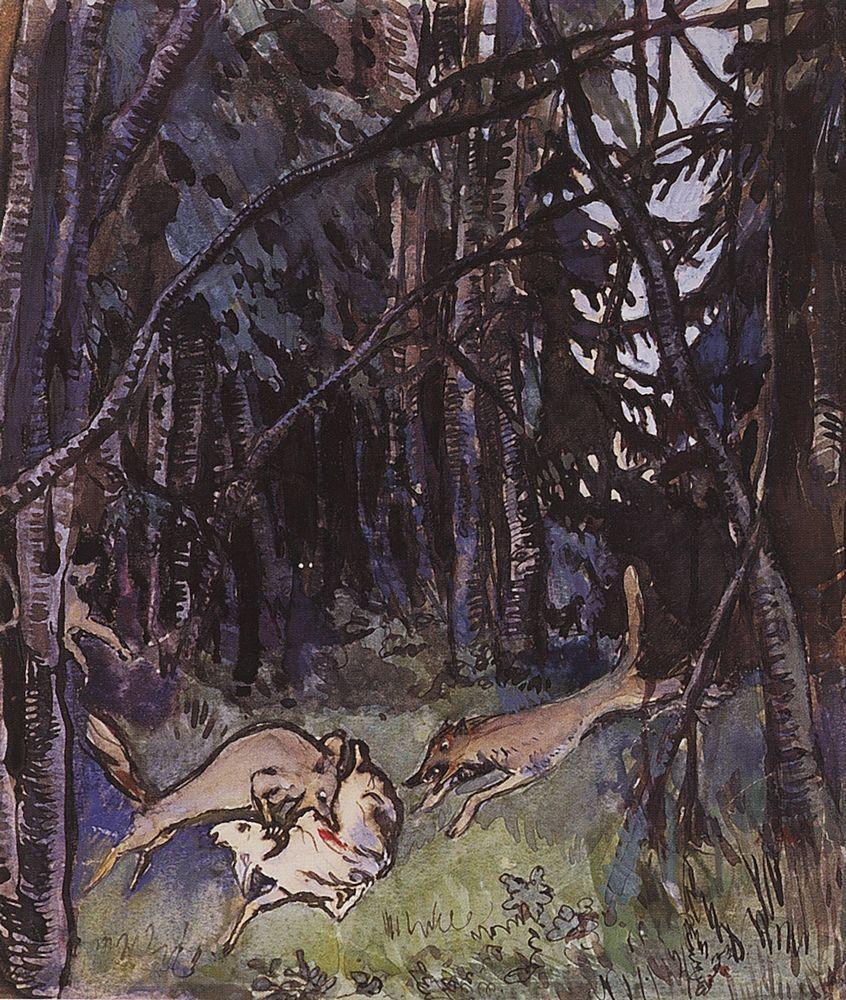 Gray Wolves Attacking a Goat
