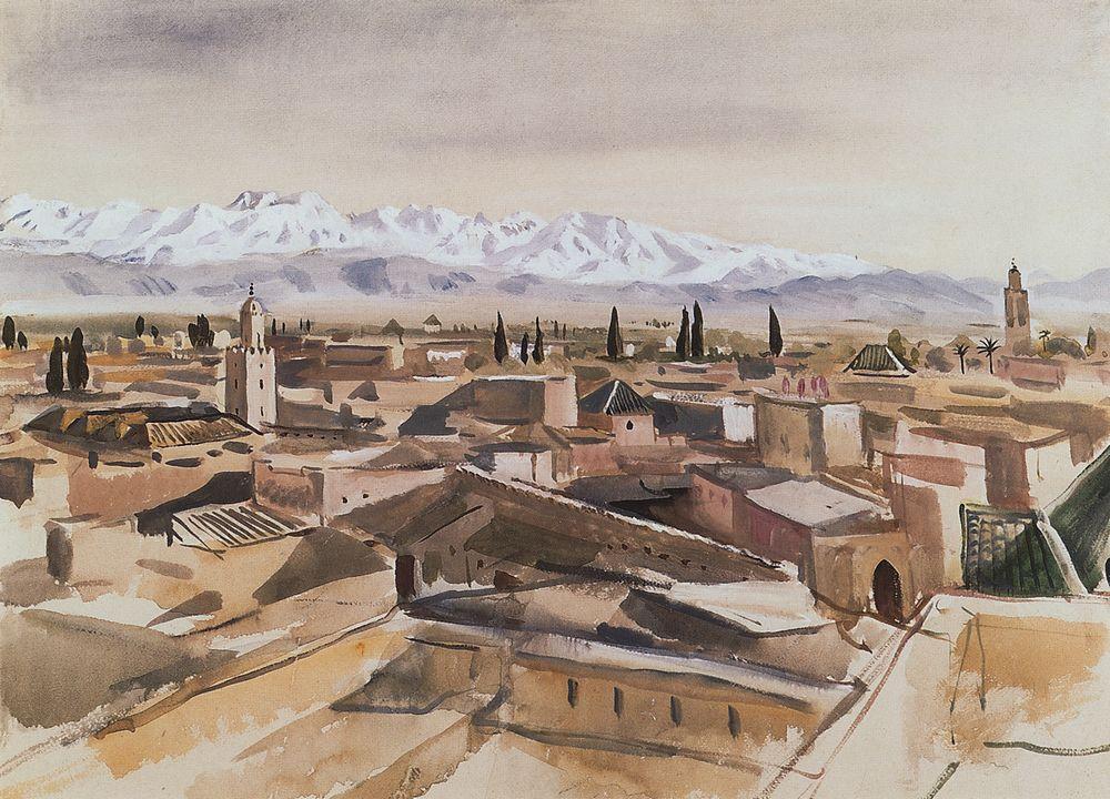 Marrakech. View from the terrace at the Atlas Mountains