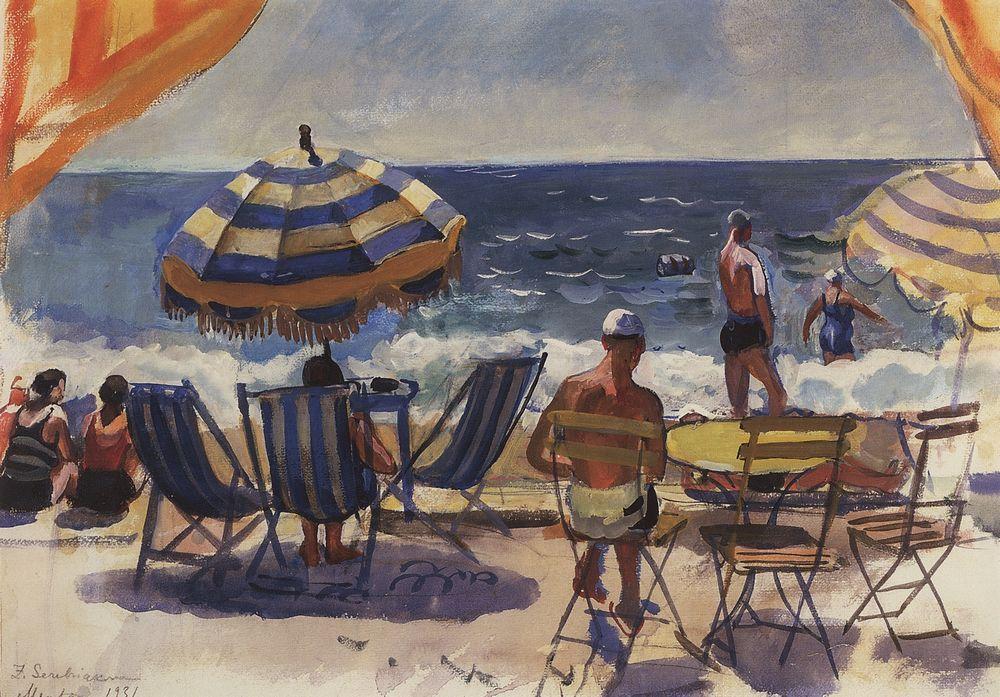 Menton. Beach with umbrellas