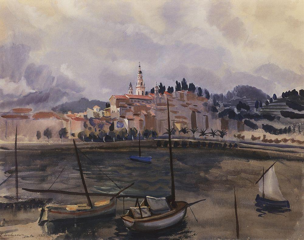 Menton. View from the harbor of the city